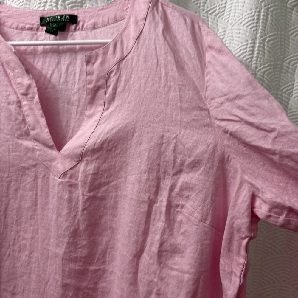Lauren Ralph Lauren Women's Pink 100% Linen Quiet Luxury 1X Top Blouse - Picture 2 of 6